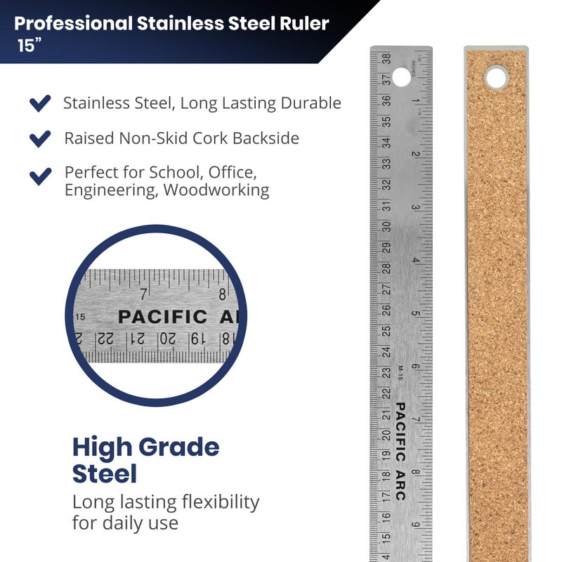 Pacific Arc Stainless Steel 15 Inch Metal Ruler Non-Slip Cork Back, with Inch and Metric Graduations - Image 2